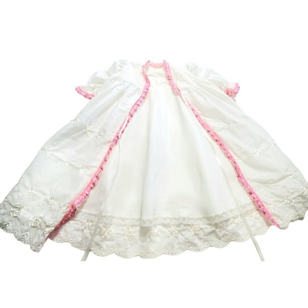 VTG Baby Christening Robe Dress Cover Up Coat Eyelet Lace Embroidered Flowers